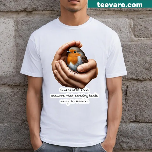 T-shirt with a robin illustration and haiku