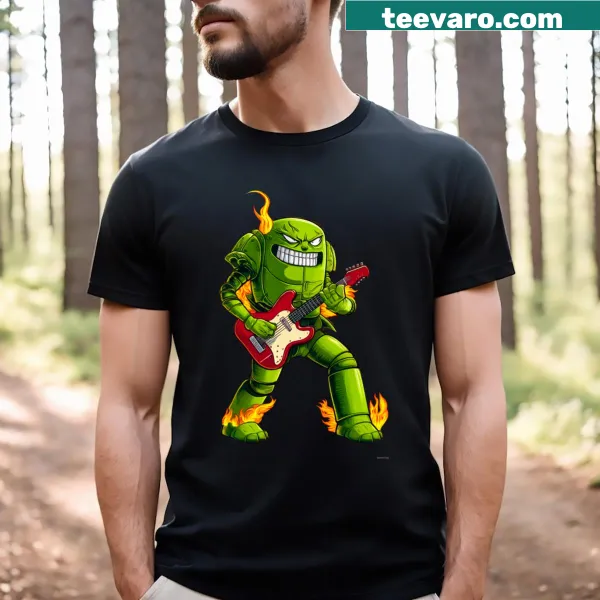 Illustration of a robot with fire and music elements on a t-shirt