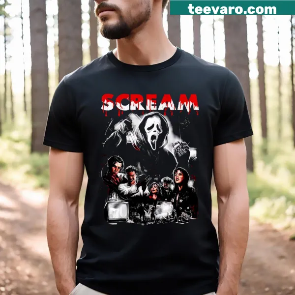 Vintage Scream movie-themed T-shirt with distressed graphic design