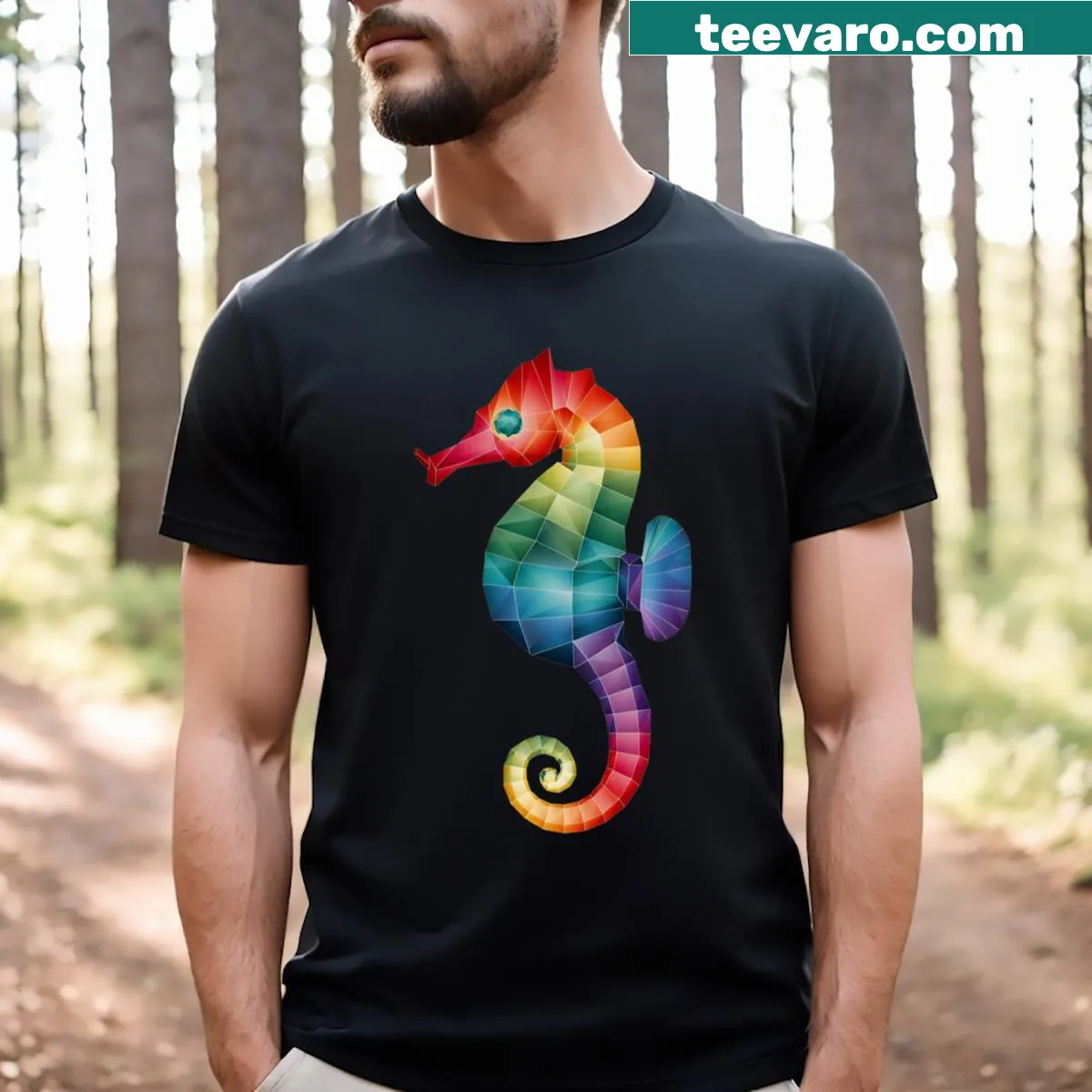 Illustrated seahorse graphic on T-shirt — on a men's t-shirt