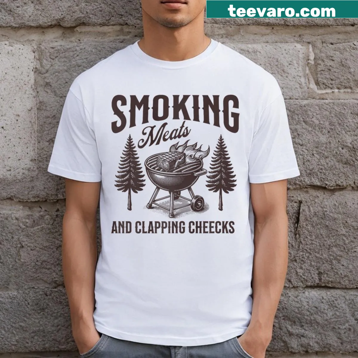 Funny BBQ T-shirt with Smoking Meats And Clapping Cheeks slogan — on a men's t-shirt