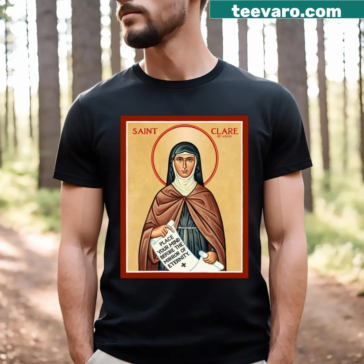 Illustration of Saint Clare of Assisi on T-shirt — on a men's t-shirt