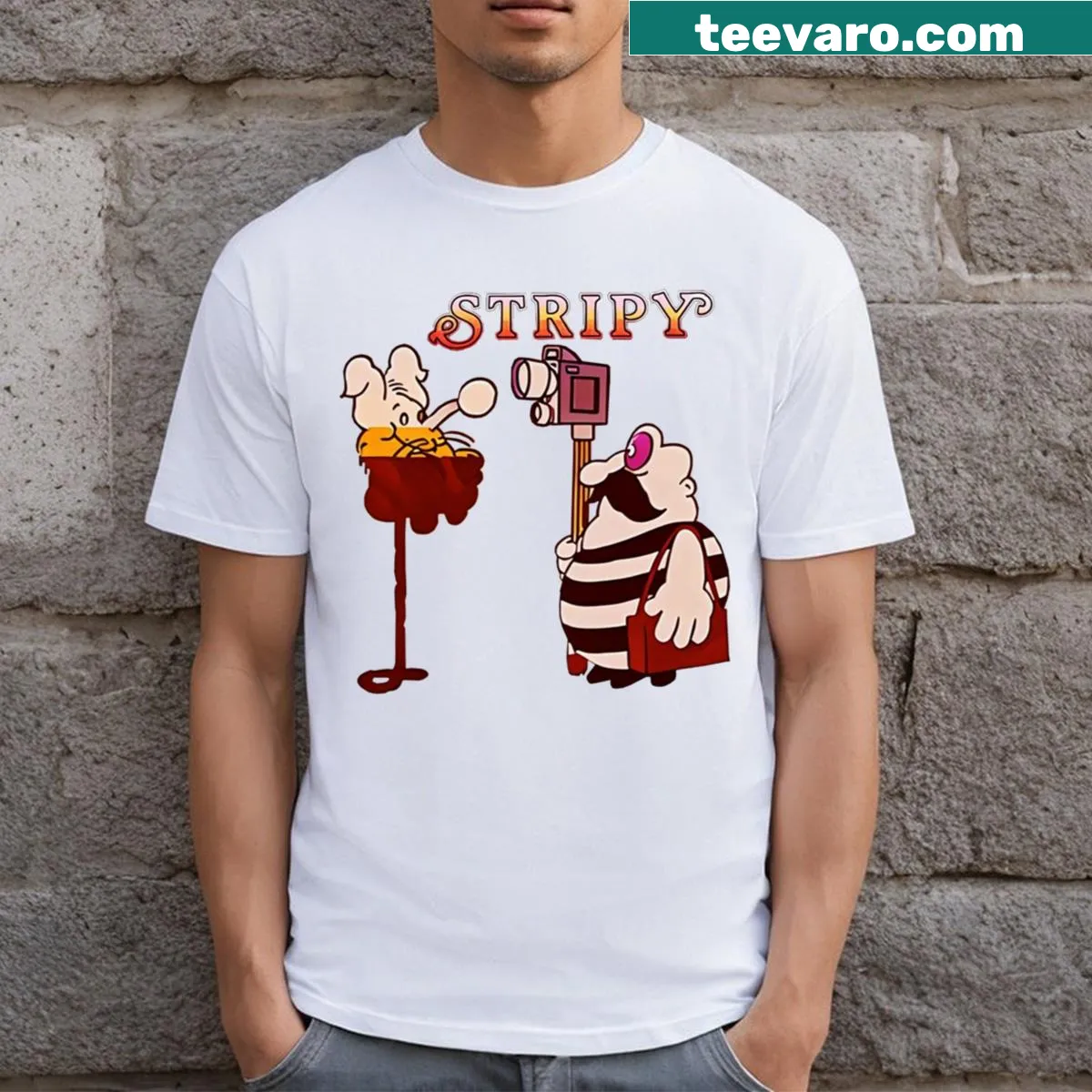 Striped t-shirt featuring cartoonish designs inspired by animation movies — on a men's t-shirt