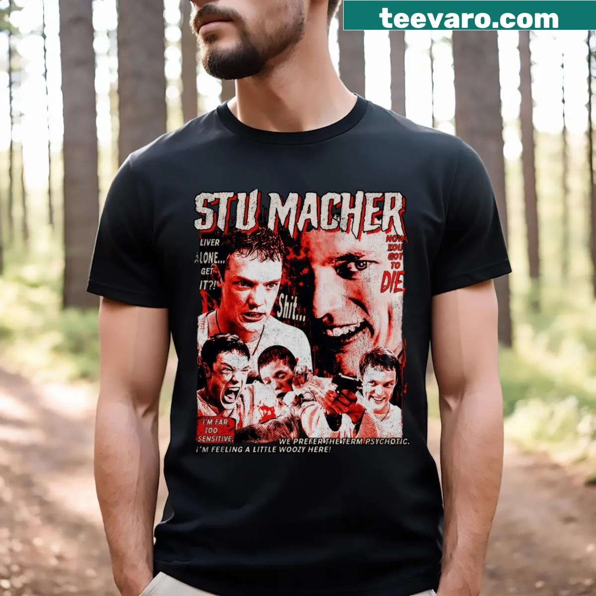 Stu Macher Scream t-shirt featuring funny graphic and text — on a men's t-shirt