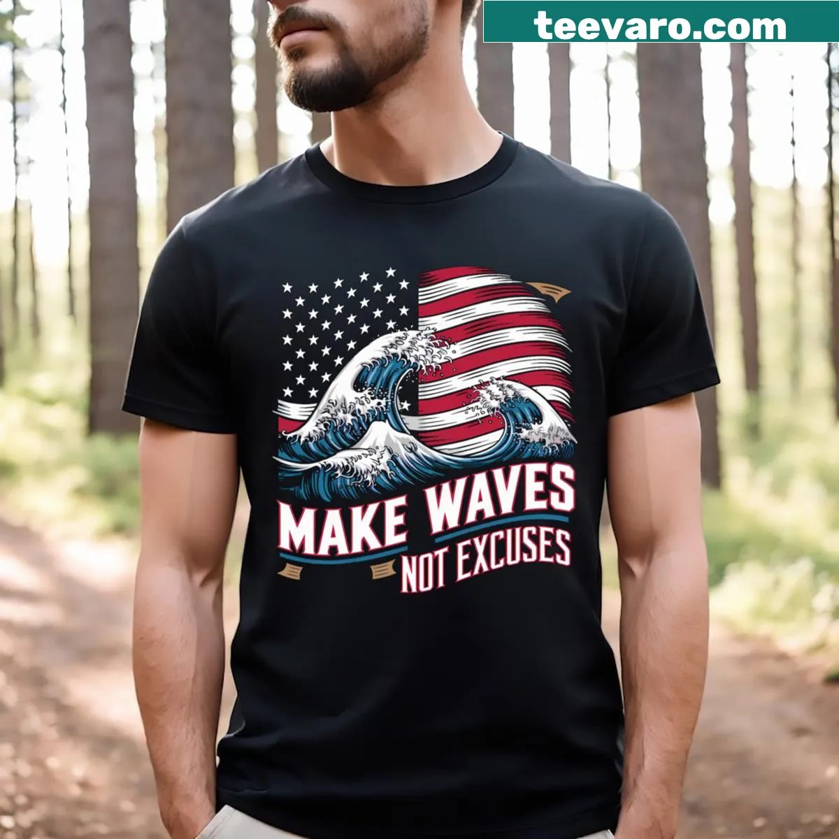 Motivational swimming t-shirt with 'Make Waves Not Excuses' text — on a men's t-shirt
