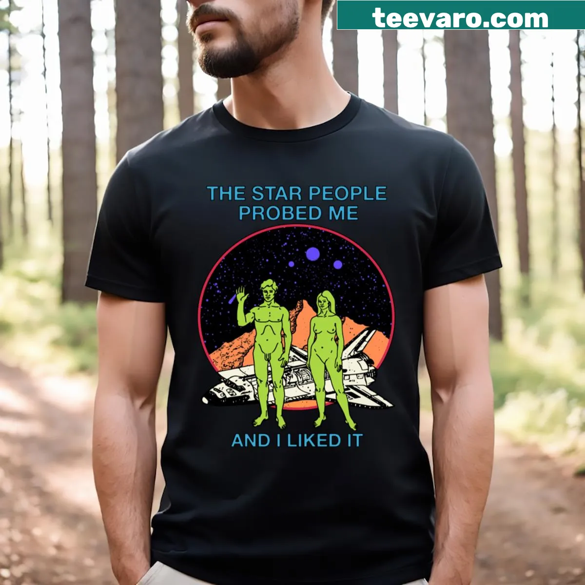 T-shirt with humorous text about alien encounters and probing — on a men's t-shirt