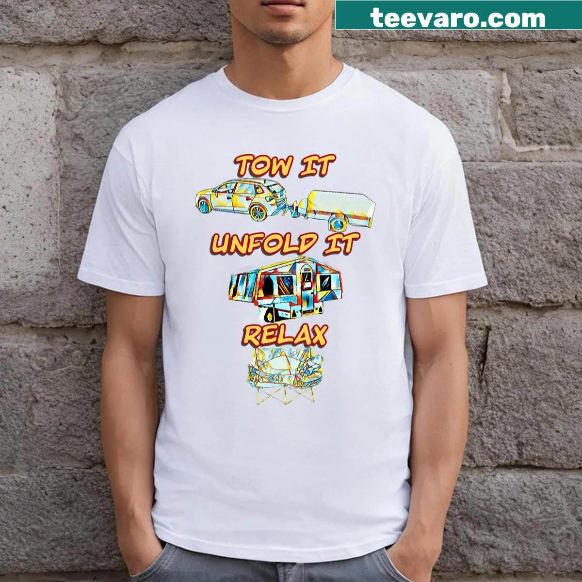 Cartoon folding camper t-shirt design — on a men's t-shirt