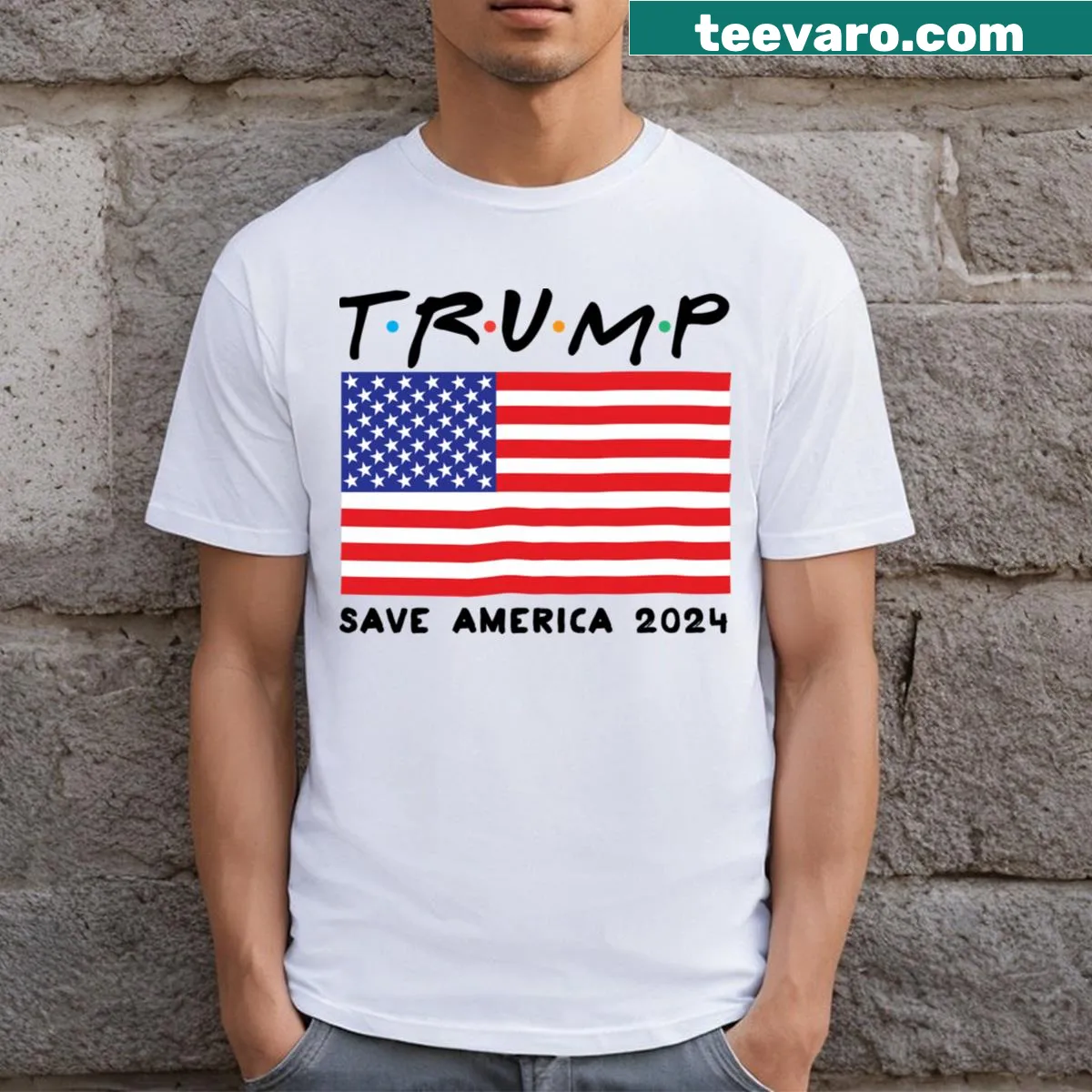 T-shirt featuring the USA flag and the phrase 'Trump Save America 2024' — on a men's t-shirt