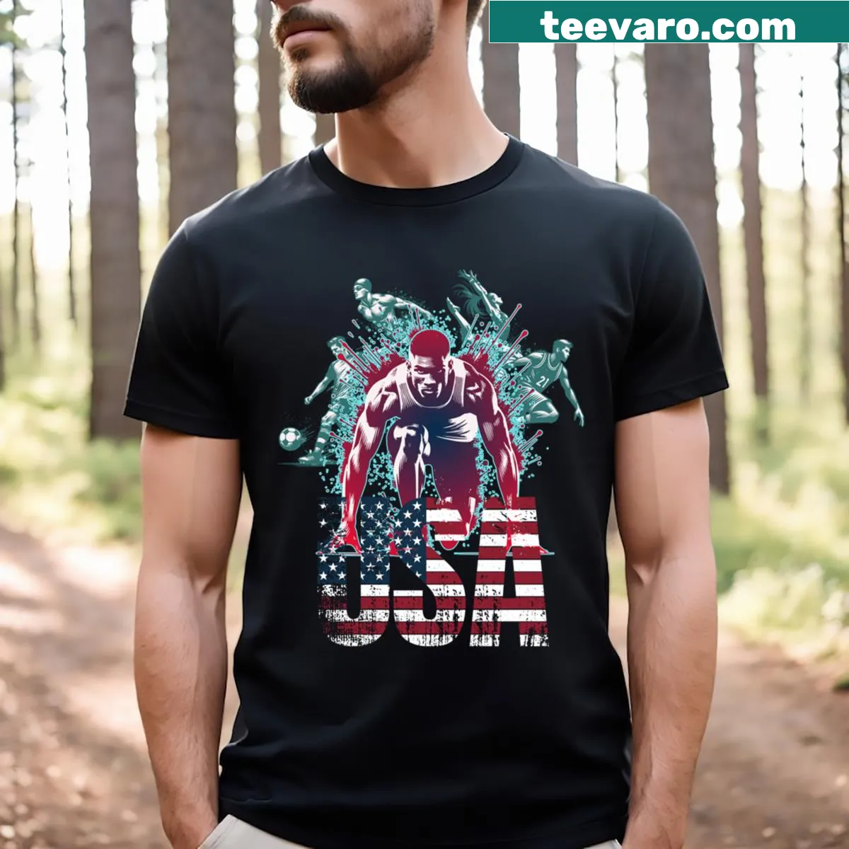 Fitted scoop T-shirt with American sports symbols — on a men's t-shirt