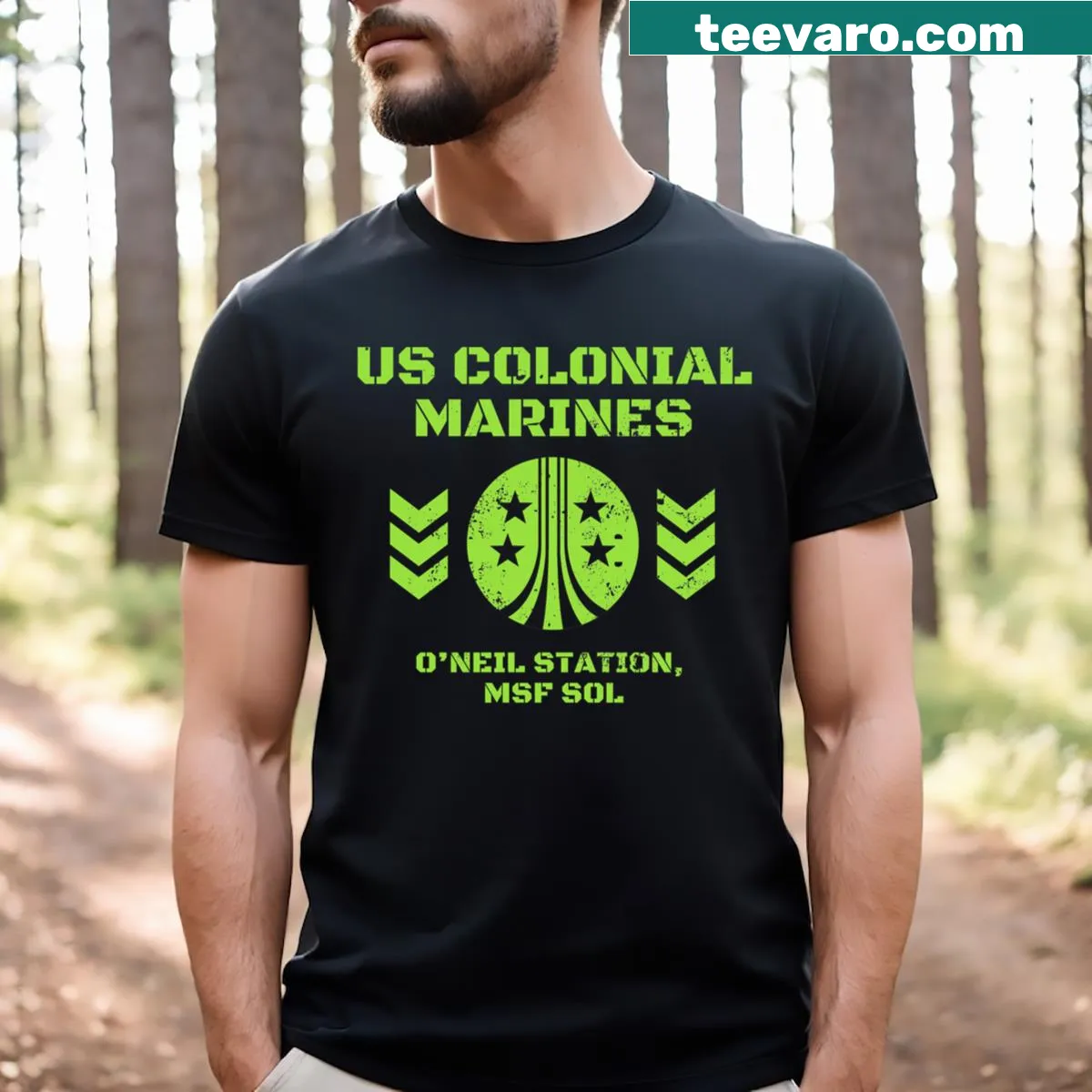 Typography featuring the letters 'USCMC' for the Marine Corps — on a men's t-shirt