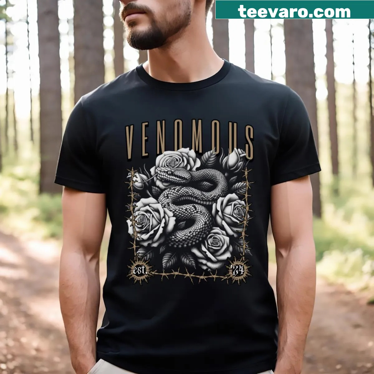 T-shirt featuring a detailed illustration of a venomous snake — on a men's t-shirt