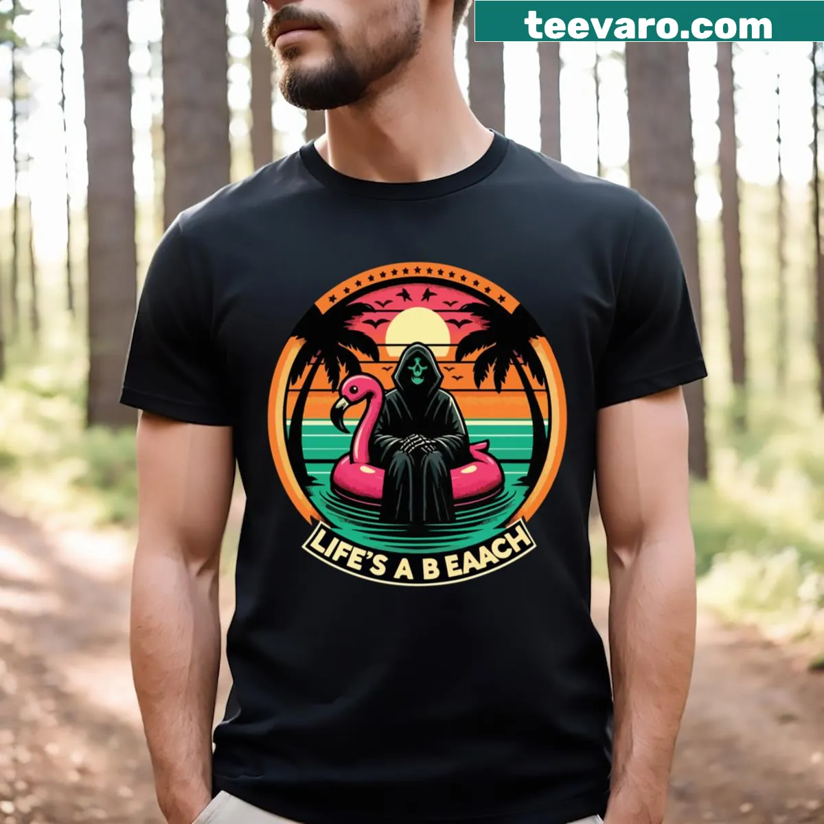 Humorous T-shirt with a playful flamingo float graphic. — on a men's t-shirt