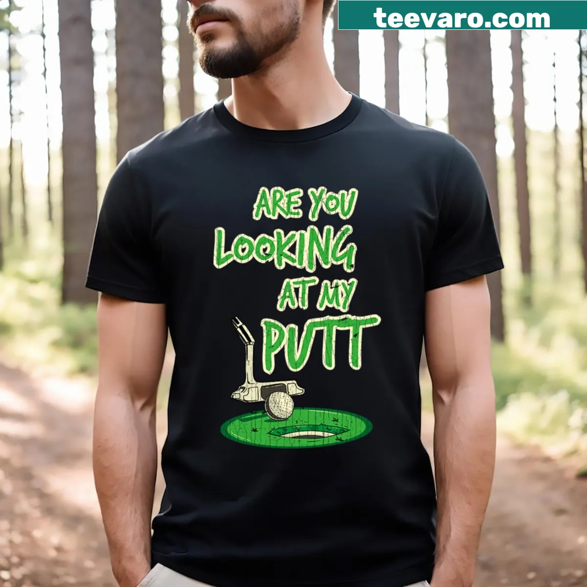 Vintage golf tee featuring humorous text about putting — on a men's t-shirt