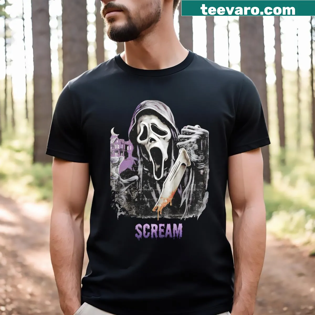 Vintage distressed T-shirt featuring Ghostface with a knife from Scream — on a men's t-shirt