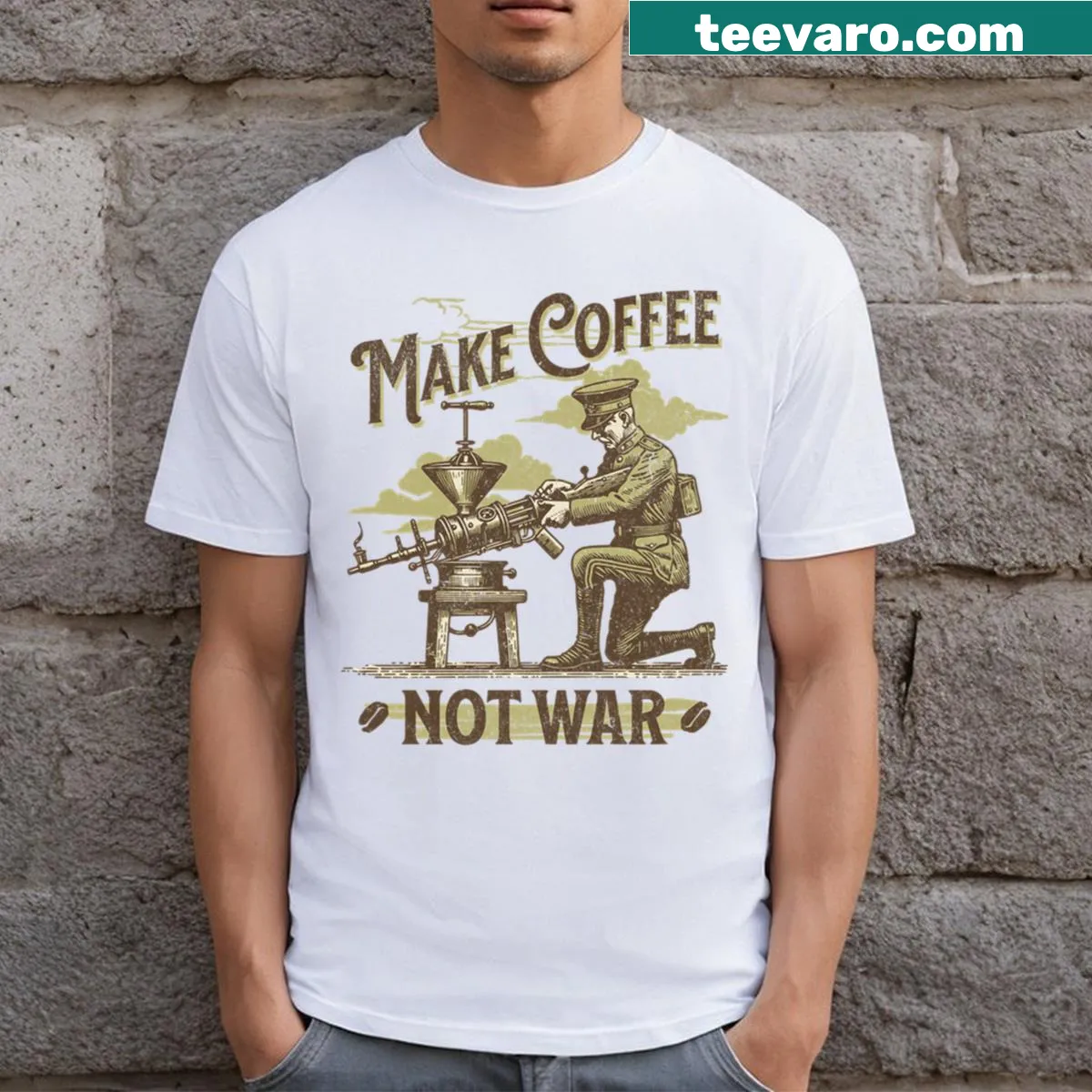 Funny vintage coffee-themed graphic tee — on a men's t-shirt