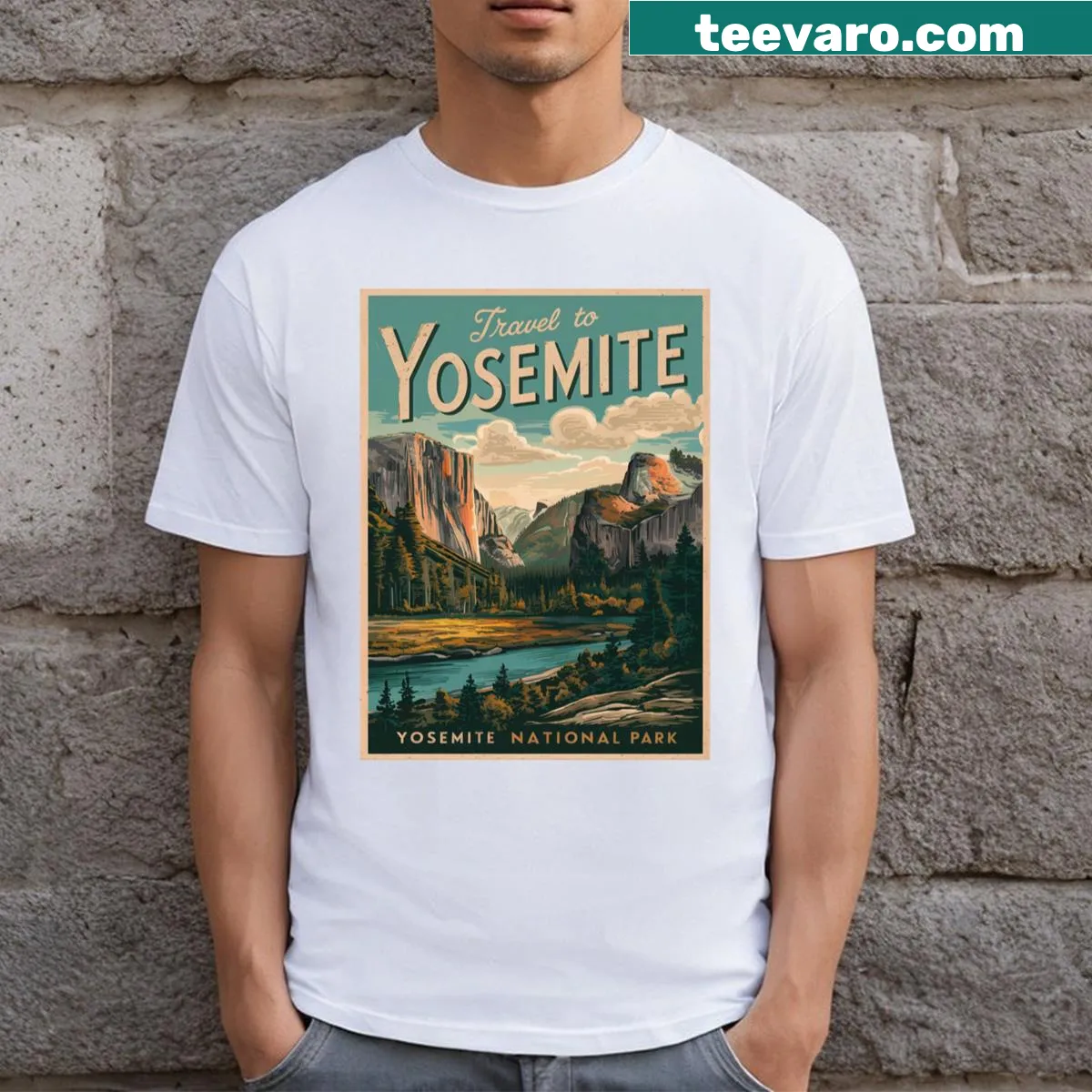 Illustrated travel poster design of Yosemite National Park on T-shirt — on a men's t-shirt