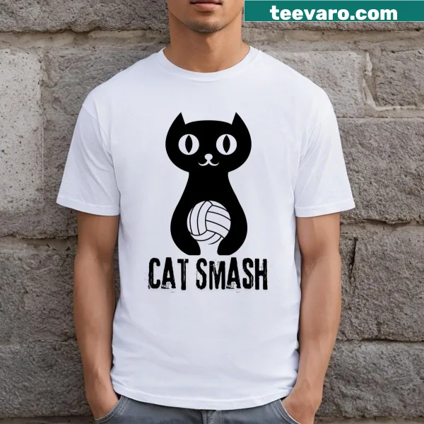 Whimsical t-shirt featuring a cat playing volleyball in a fun illustration