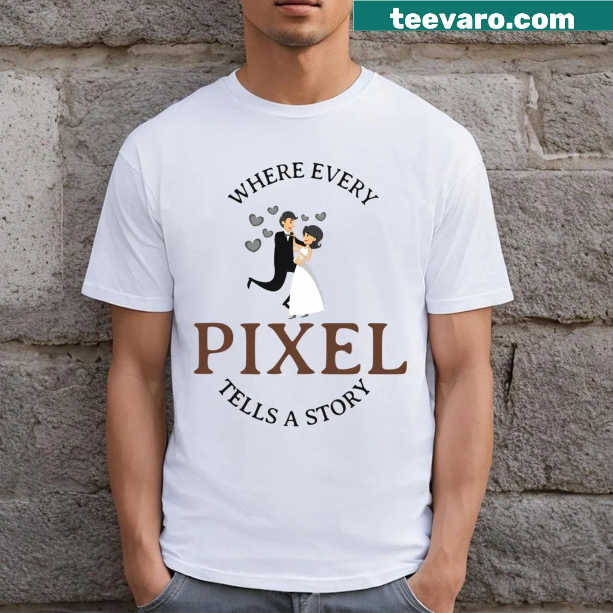 Love-themed pixel story graphic t-shirt — on a men's t-shirt