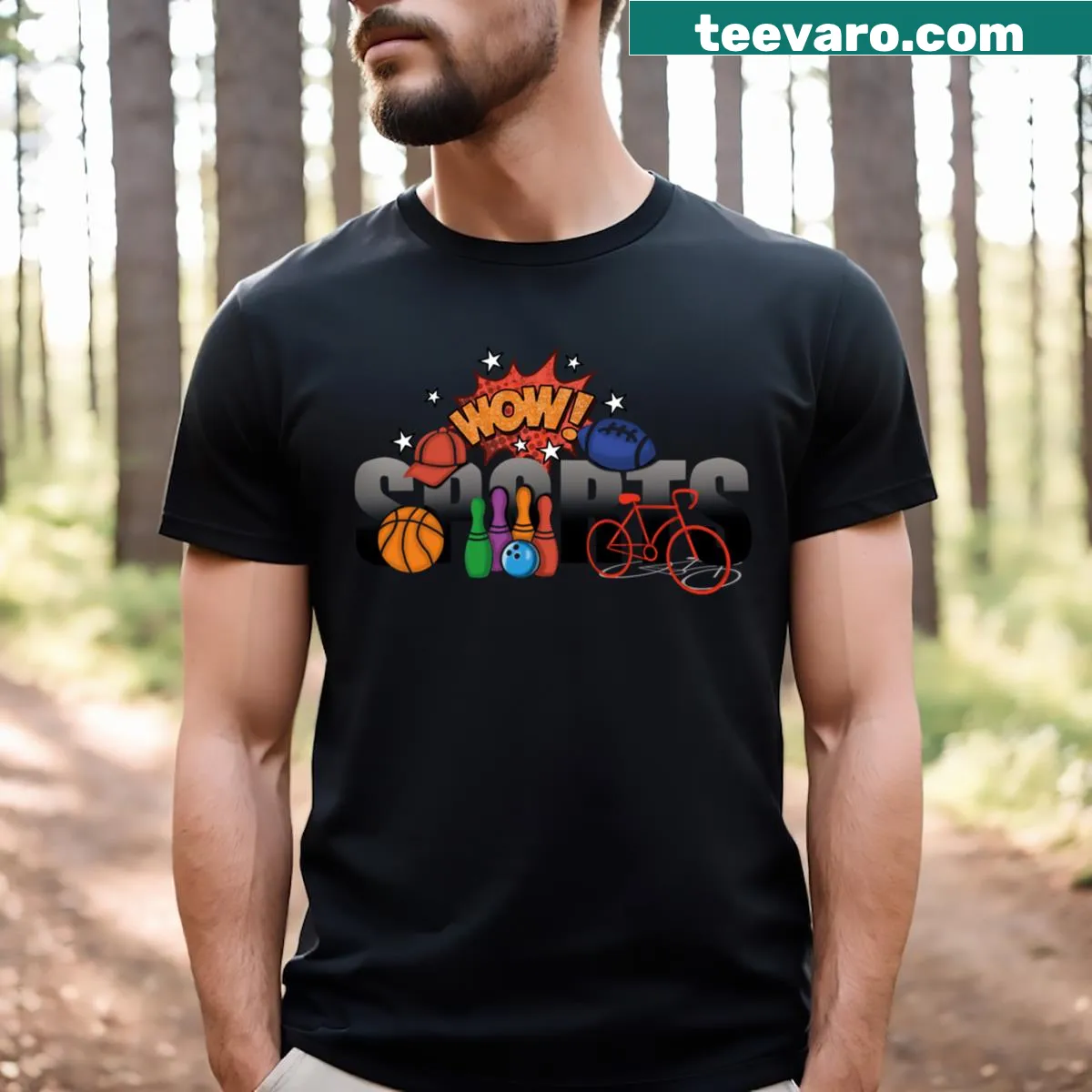 T-shirt with bold text 'Wow!' for sports enthusiasts — on a men's t-shirt