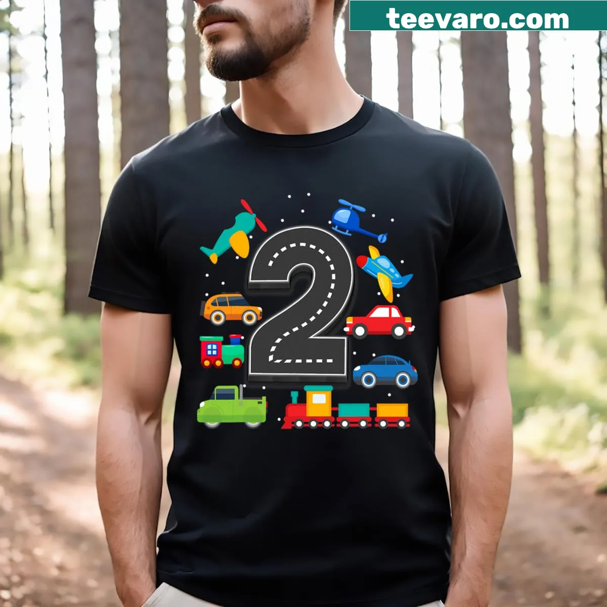 Toddler t-shirt featuring transportation graphics for 2nd birthday — on a men's t-shirt