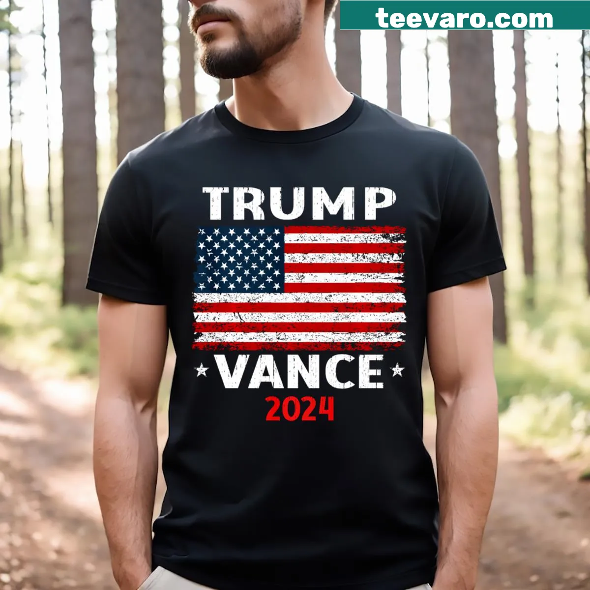 Political t-shirt supporting Trump and Vance 2024 Vice Presidential campaign — on a men's t-shirt