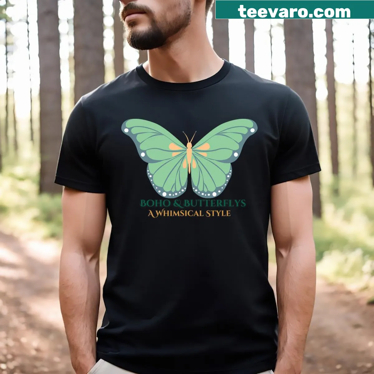 Whimsical butterfly illustration on a Boho style t-shirt — on a men's t-shirt