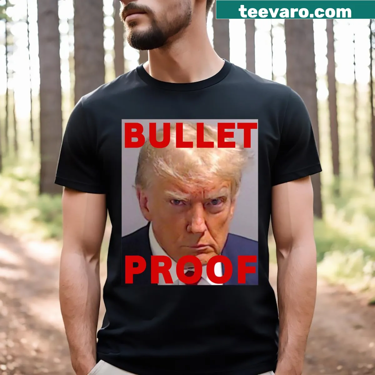 Patriotic t-shirt supporting Trump with the phrase 'Bullet Proof 2024 Fight Fight Fight'. — on a men's t-shirt