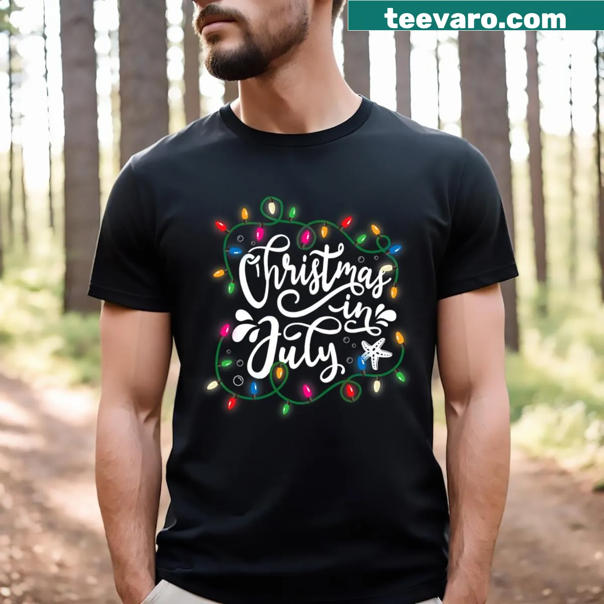 Funny T-shirt with Christmas lights graphic for summer — on a men's t-shirt