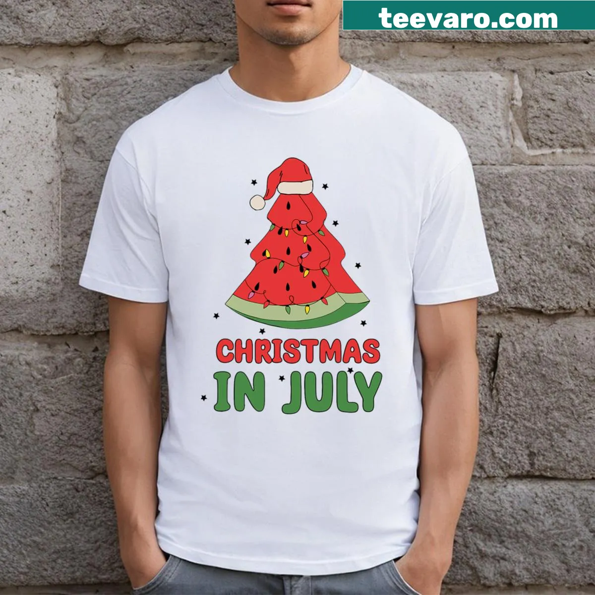 Watermelon-themed Christmas tree graphic on a summer T-shirt — on a men's t-shirt