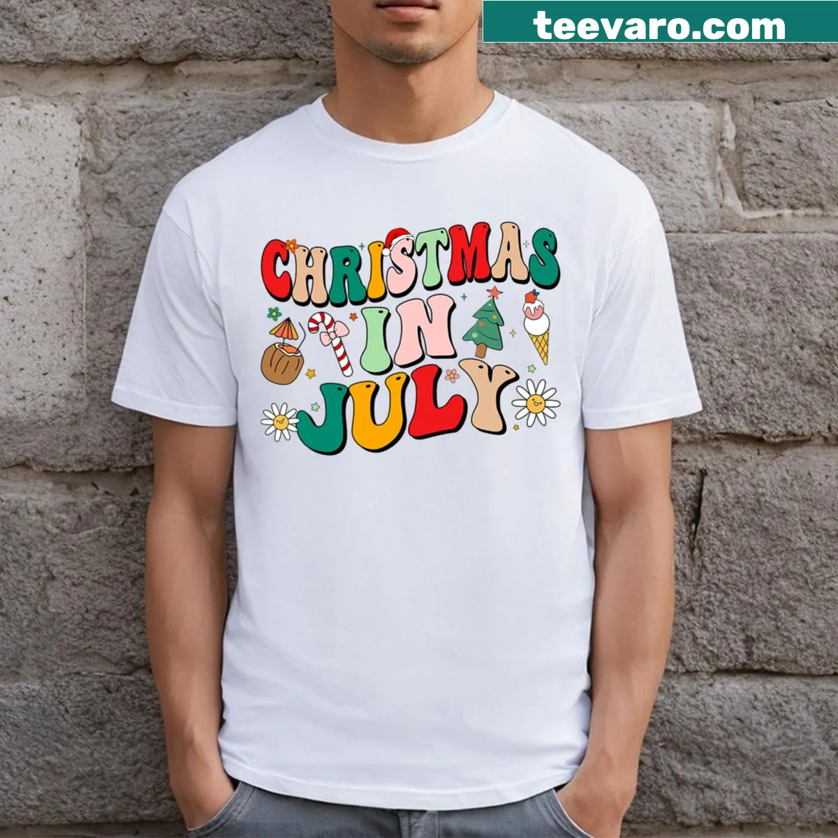 Retro groovy summer-themed Christmas t-shirt — on a men's t-shirt