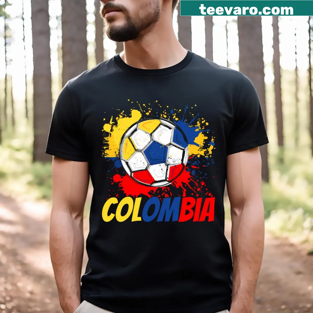 Soccer-themed T-shirt with Colombian flag graphic — on a men's t-shirt