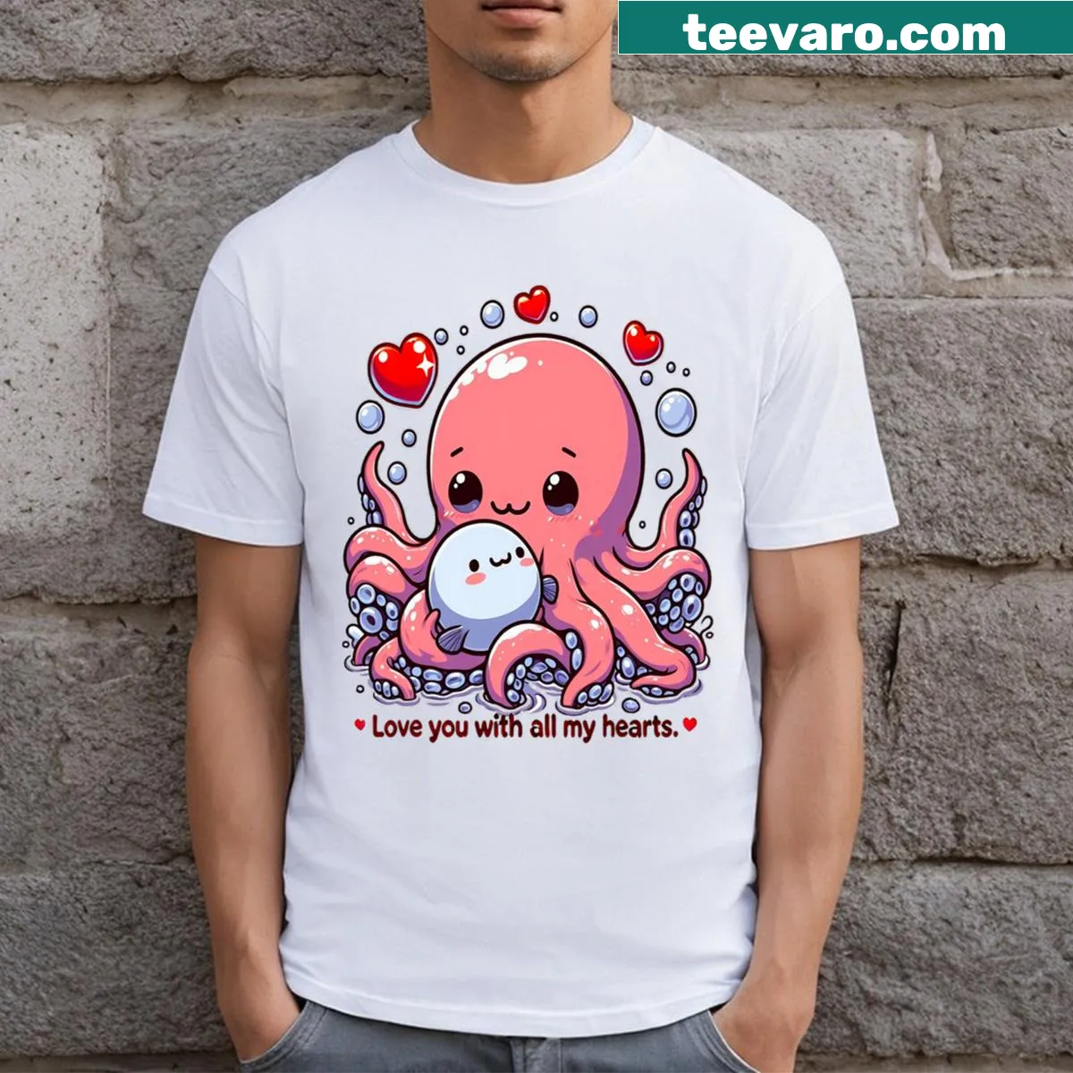 Cute octopus illustration with 'Love You With All My Hearts' text — on a men's t-shirt