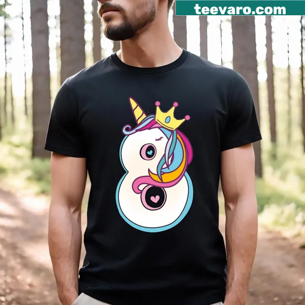 Enchanting unicorn graphic T-shirt for toddler girls celebrating an 8th birthday.