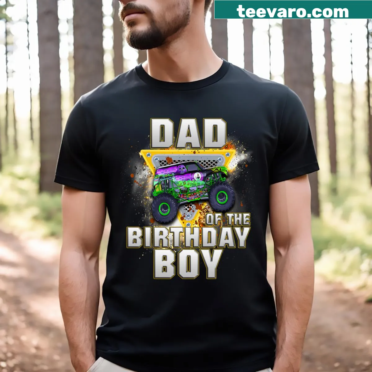 Funny 'Dad Of The Birthday Boy' text with monster truck graphic — on a men's t-shirt