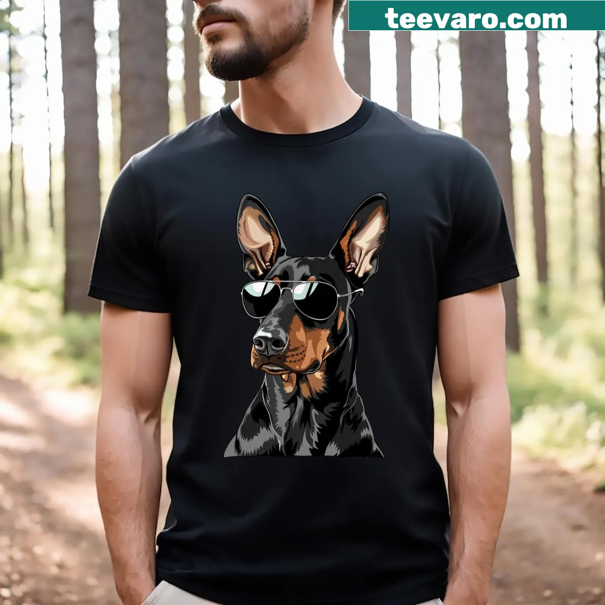 Doberman Pinscher graphic T-shirt featuring a dog in sunglasses, playful and fun. — on a men's t-shirt