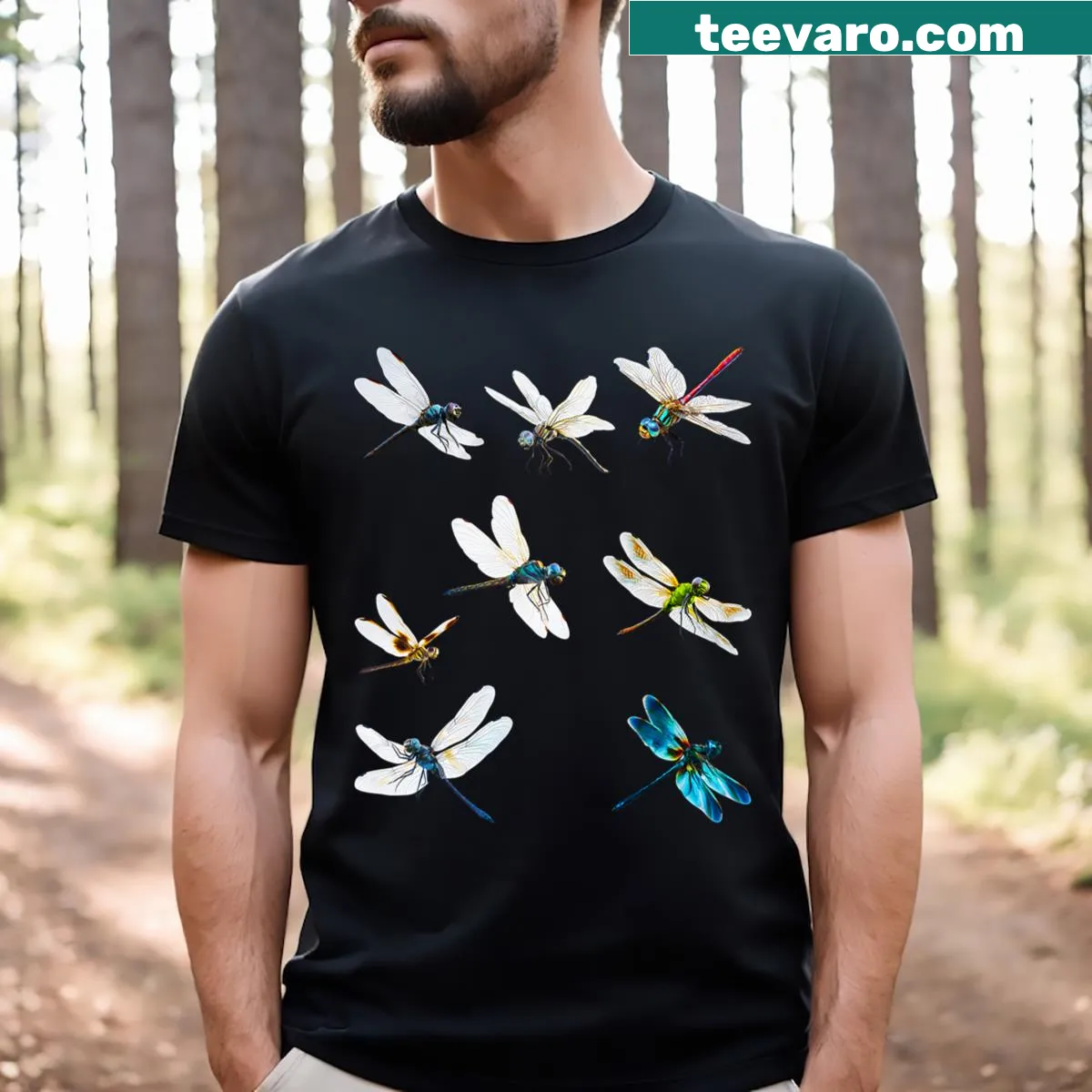 Illustrated T-shirt featuring dragonflies, symbolic of natural mosquito control — on a men's t-shirt
