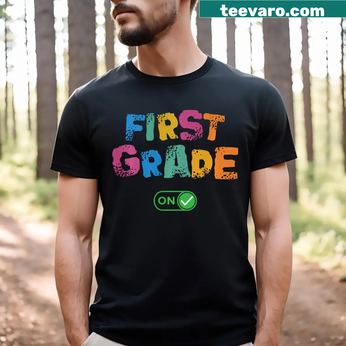Cartoon graphic celebrating first grade on a back-to-school T-shirt — on a men's t-shirt