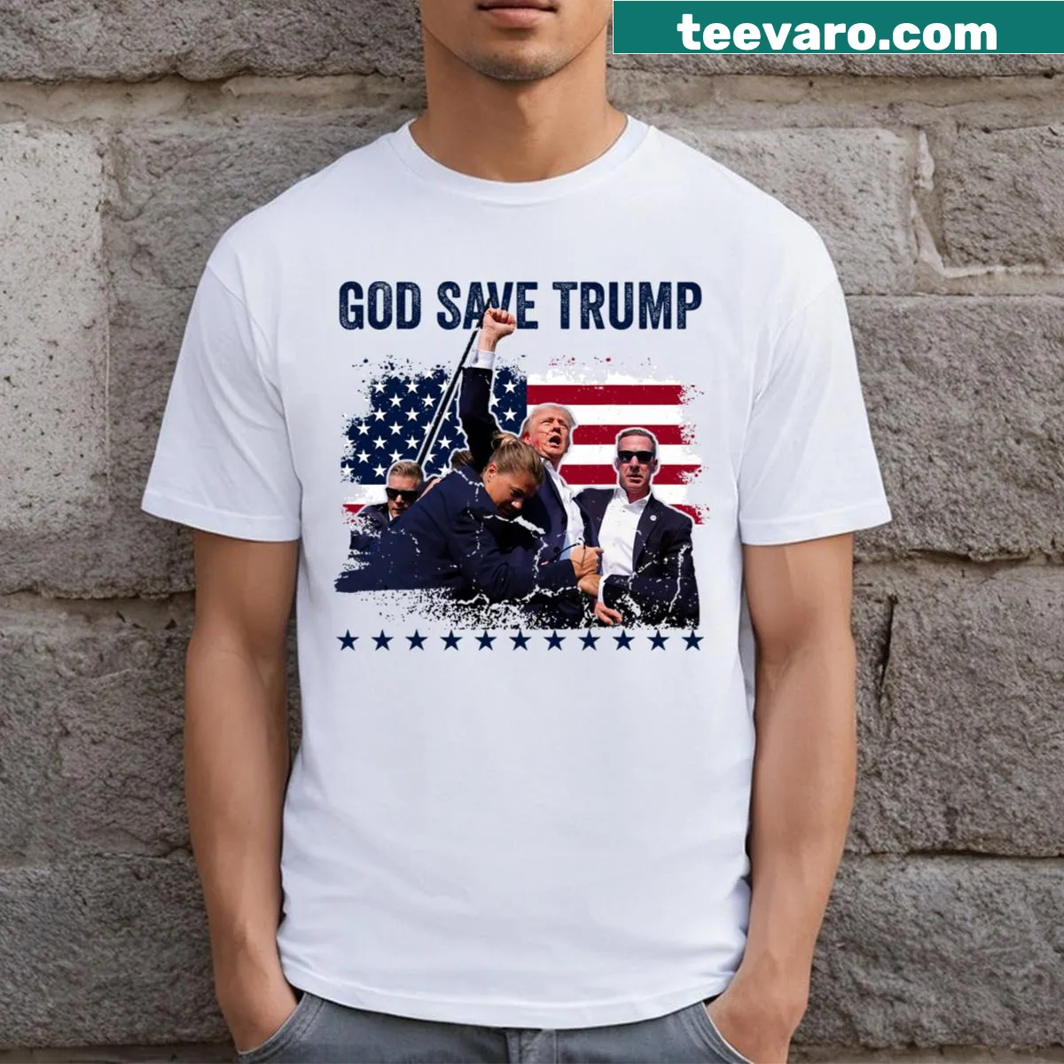 Bold graphic tee with the phrase 'God Save Trump' and a fist — on a men's t-shirt