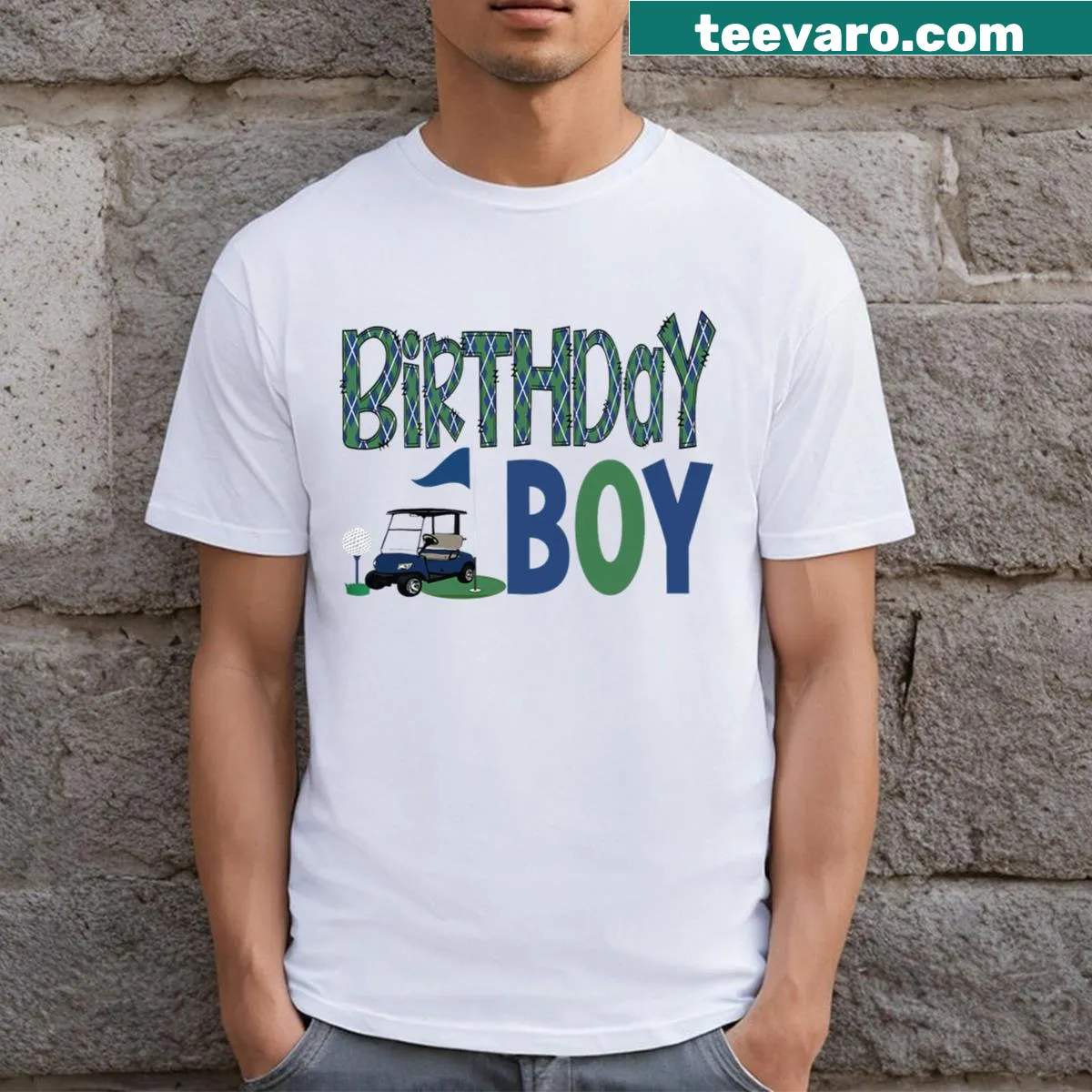 Text design honoring a mom of a birthday boy who loves golf — on a men's t-shirt