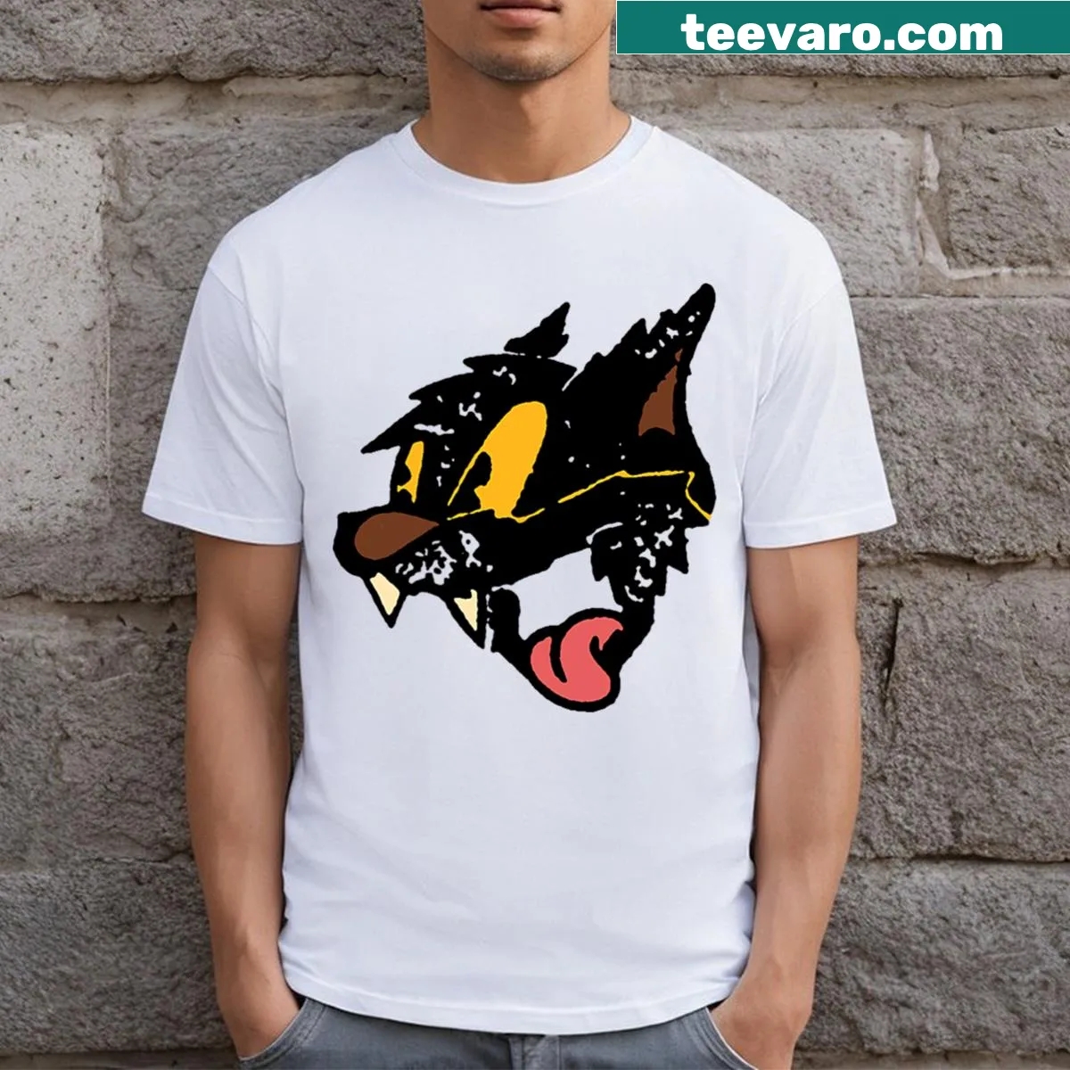 Illustrative t-shirt featuring Green Day and a playful cat — on a men's t-shirt