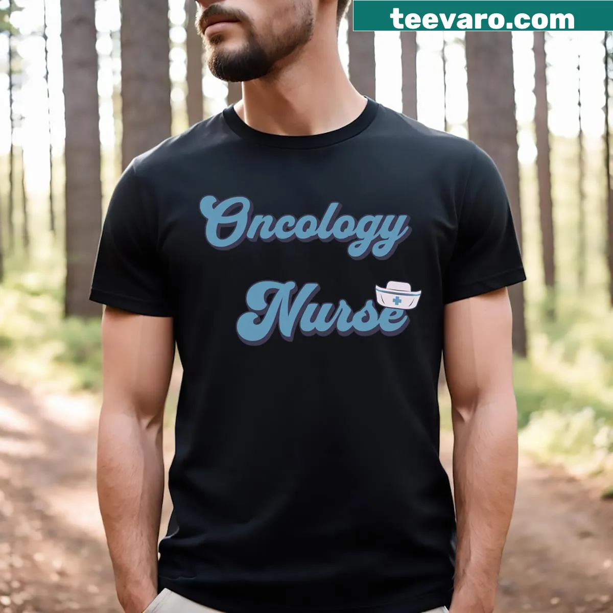 Retro-style t-shirt for oncology nurses with a groovy design — on a men's t-shirt
