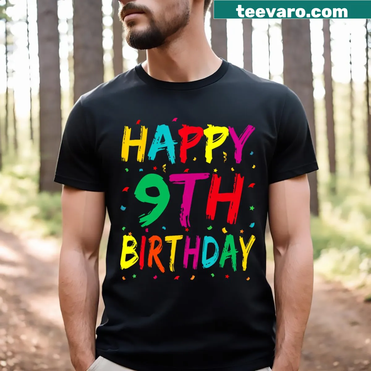 Happy 9th Birthday T-shirt with festive graphics — on a men's t-shirt