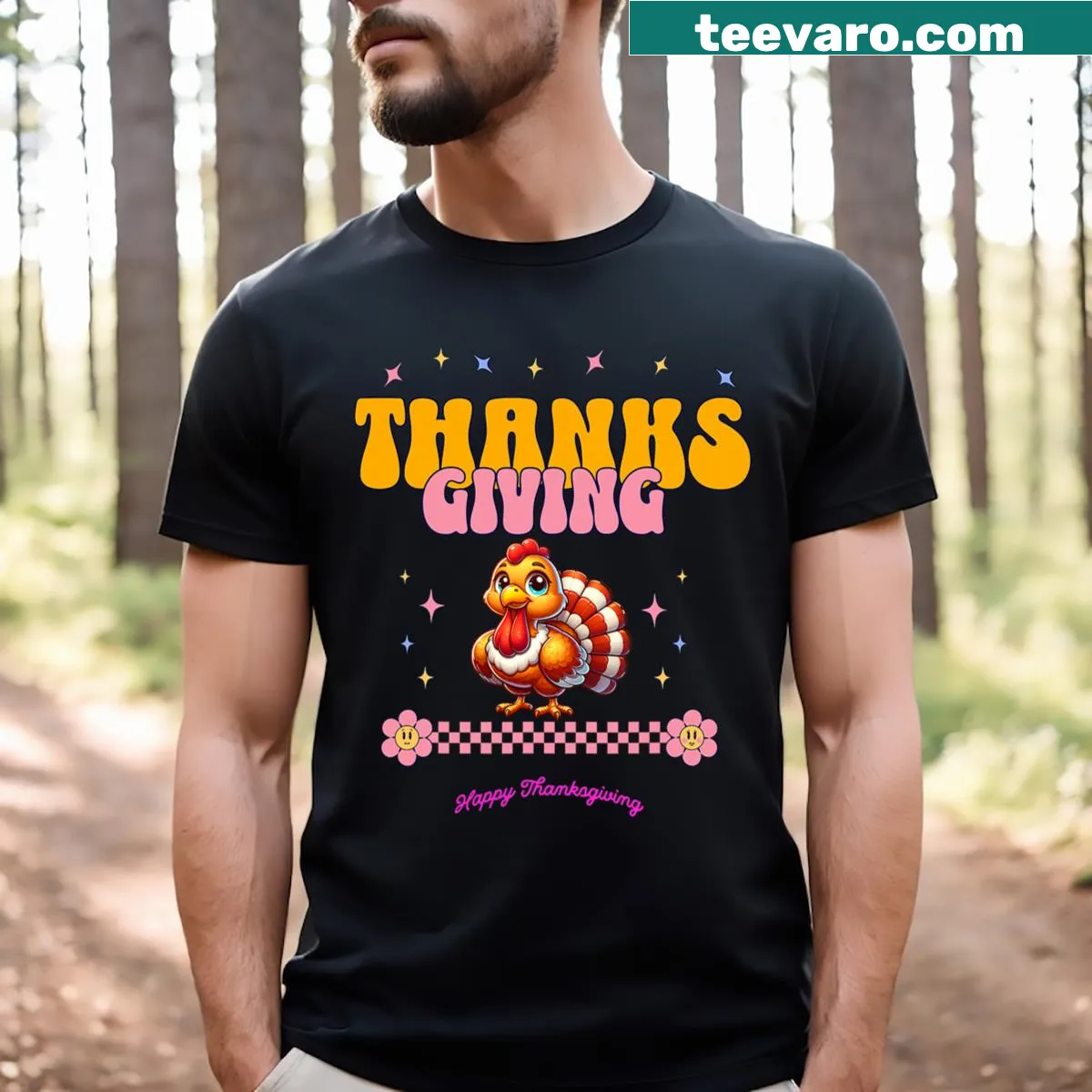Thanksgiving T-shirt featuring a cheerful turkey design — on a men's t-shirt
