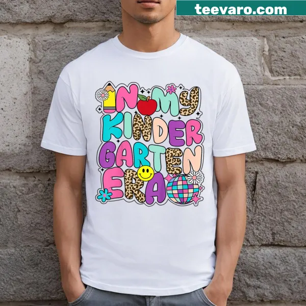 Retro T-shirt celebrating kindergarten with playful design for teachers and students