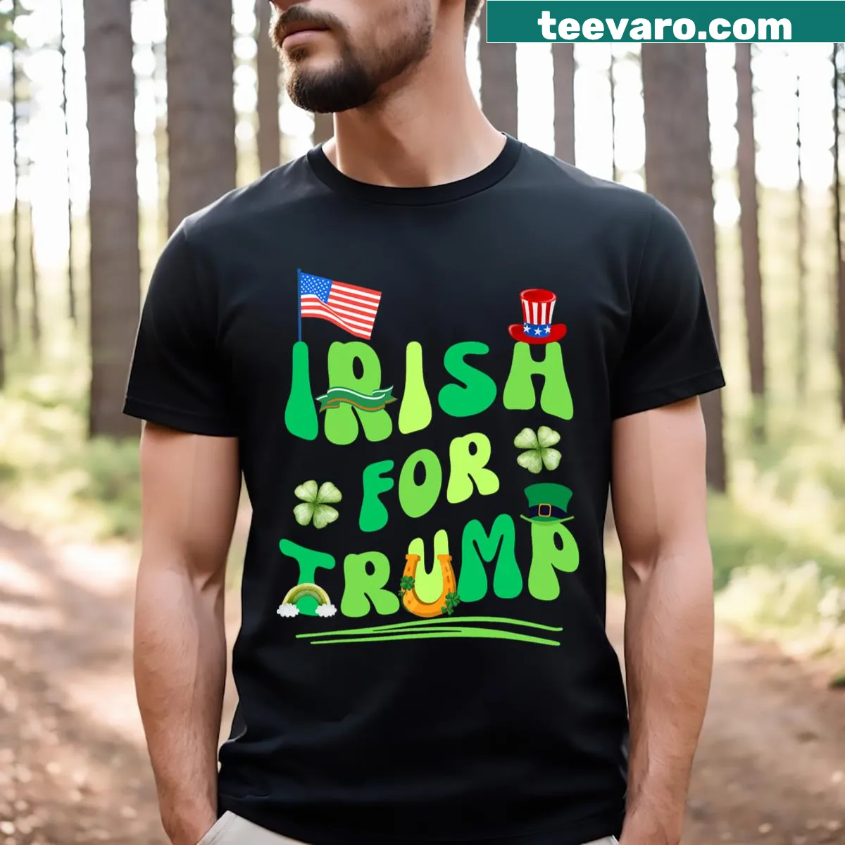 T-shirt with 'Irish For Trump 2024' text — on a men's t-shirt