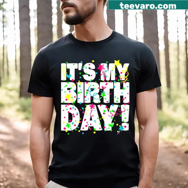 Birthday T-shirt with confetti design and celebratory text
