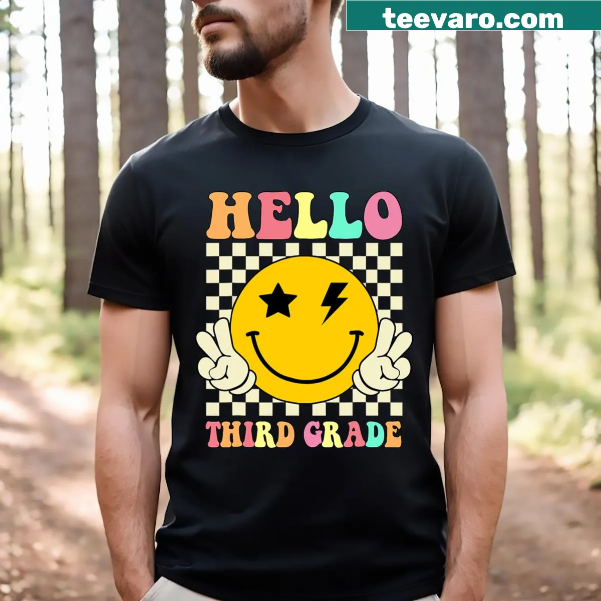 Whimsical illustration of Hello Third Grade text with a smile — on a men's t-shirt