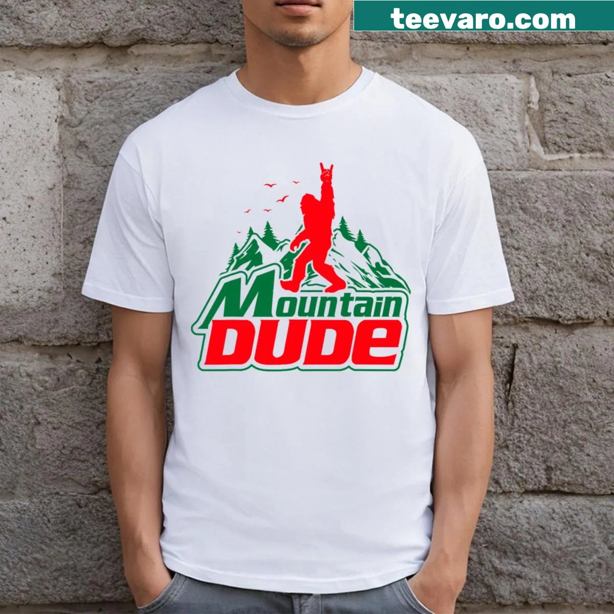 Funny t-shirt with a cartoon Bigfoot design for outdoor enthusiasts — on a men's t-shirt