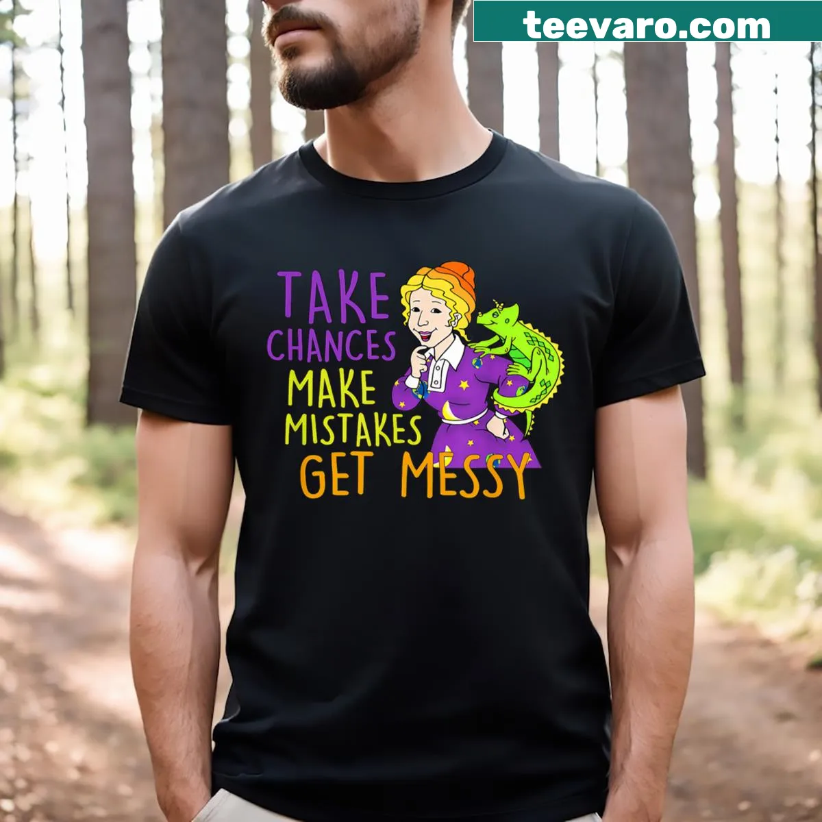 Magic School Bus themed T-shirt featuring Ms. Frizzle illustration — on a men's t-shirt