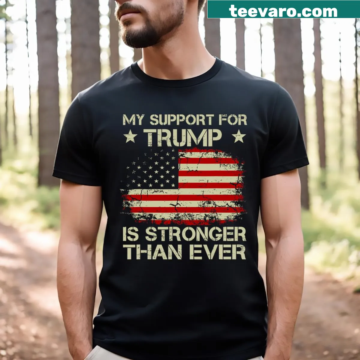 Bold text T-shirt expressing support for Trump — on a men's t-shirt